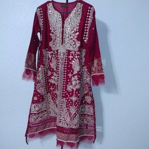 House of Faiza | Sz: S | Cranberry Long Tunic Kurta Kameez Beautiful Embroidery